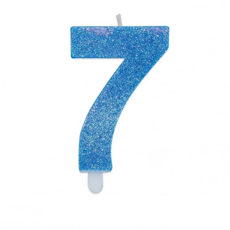 Candela a forma di numero 7 in cera celeste con glitter 7,5 cm 73727