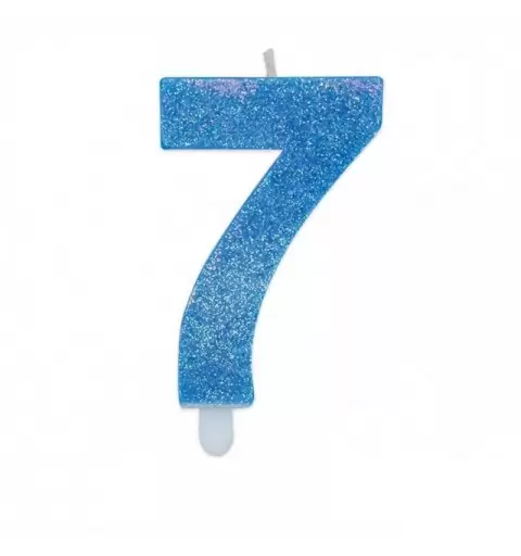 Candela a forma di numero 7 in cera celeste con glitter 7,5 cm 73727