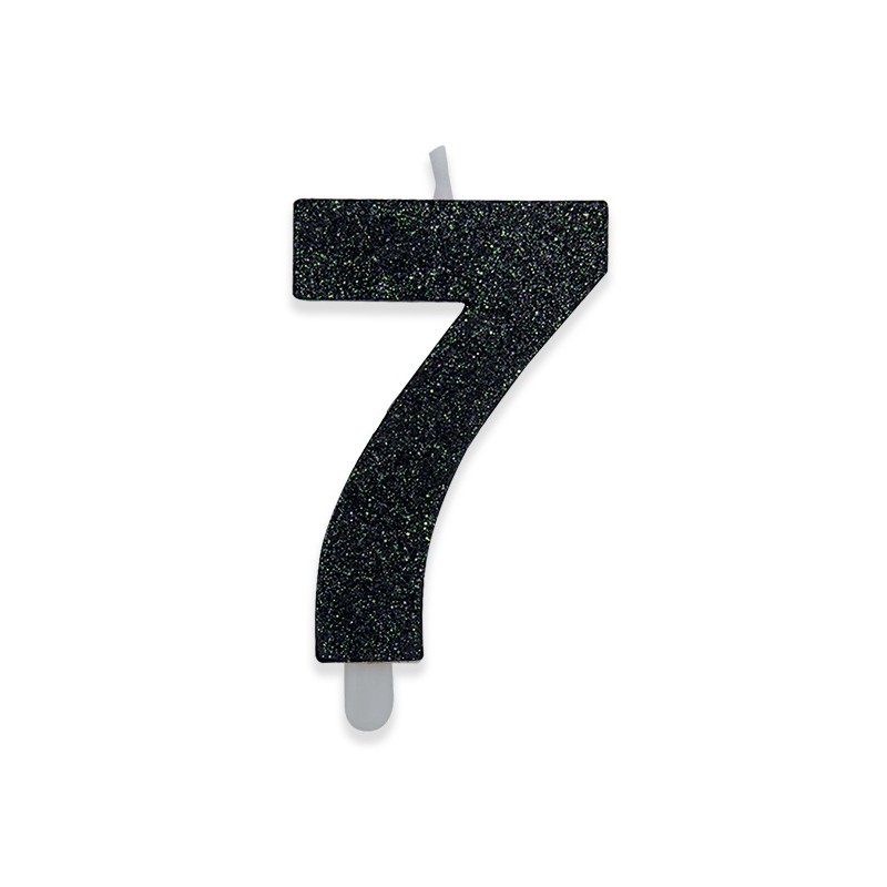 Candela a forma di numero 7 in cera nera con glitter 15 cm 73937