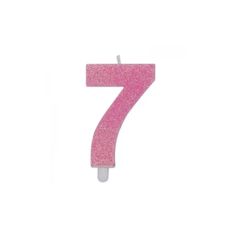 Candela a forma di numero 7 in cera rosa con glitter 7,5 cm 73737