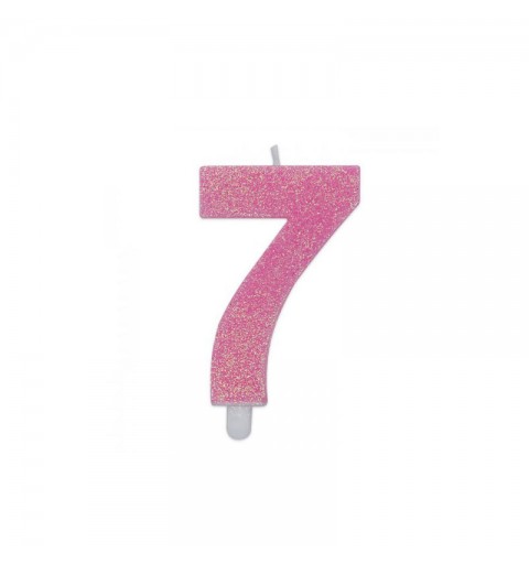 Candela a forma di numero 7 in cera rosa con glitter 7,5 cm 73737