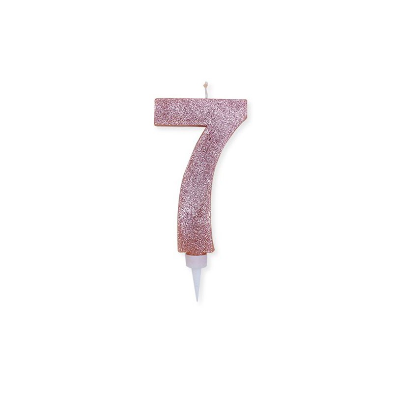 Candela a forma di numero 7 in cera rosa gold con glitter 15 cm 74367