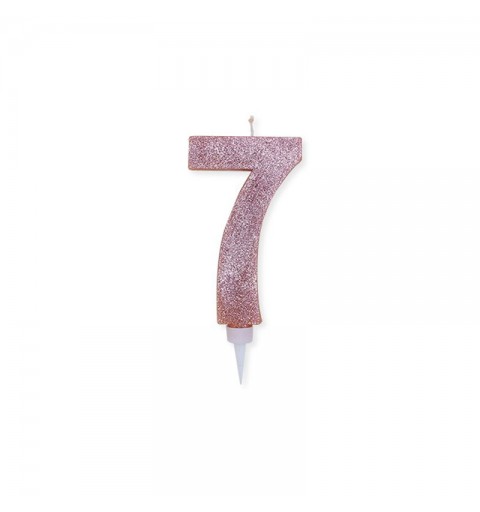 Candela a forma di numero 7 in cera rosa gold con glitter 15 cm 74367