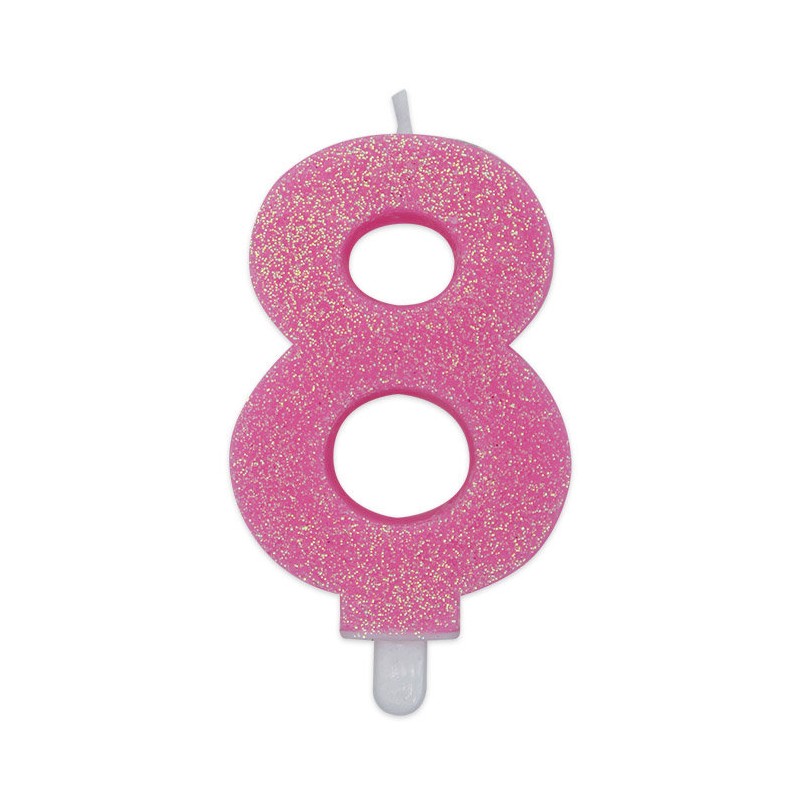 Candela a forma di numero 8 in cera rosa con glitter 7,5 cm 73738