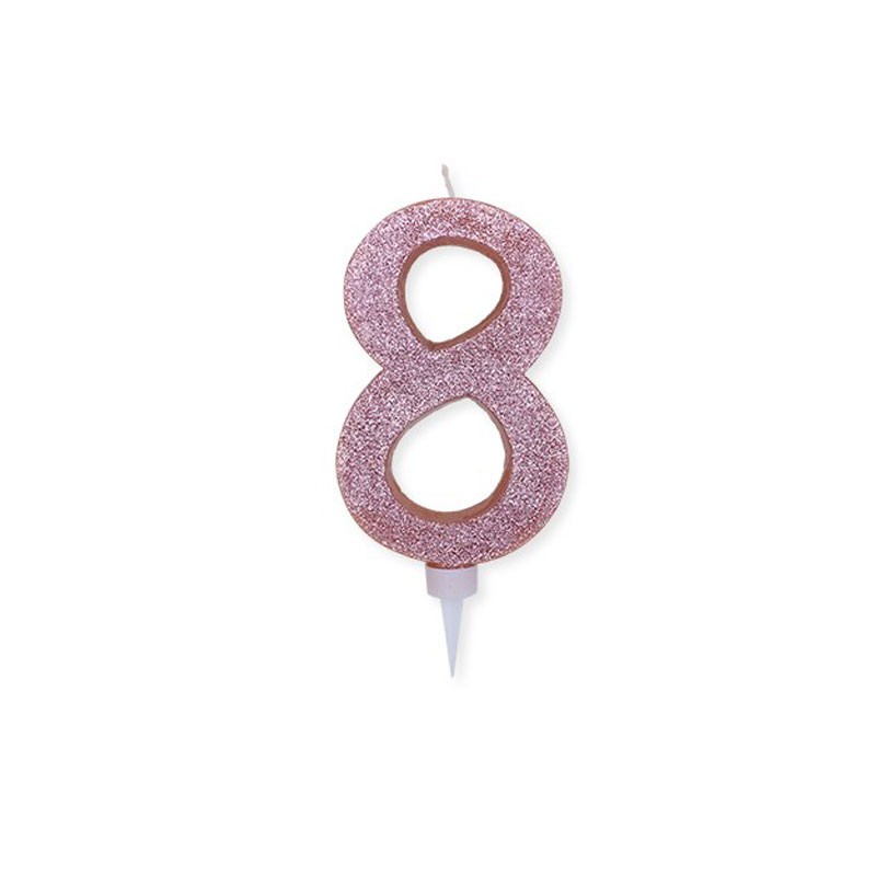 Candela a forma di numero 8 in cera rosa gold con glitter 15 cm 74368