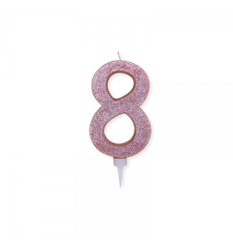 Candela a forma di numero 8 in cera rosa gold con glitter 15 cm 74368