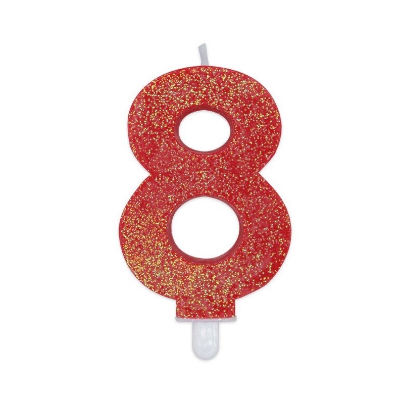 Candela a forma di numero 8 in cera Sweety Rosso Glitter 7,5cm - 73758