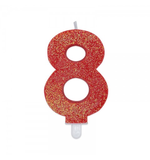 Candela a forma di numero 8 in cera Sweety Rosso Glitter 7,5cm - 73758