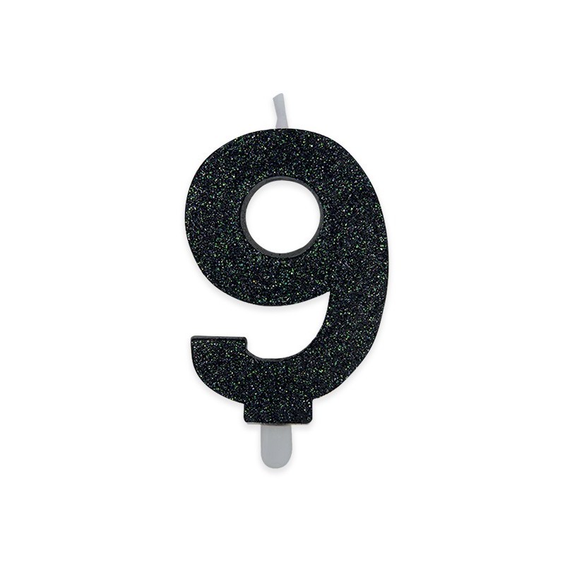 Candela a forma di numero 9 in cera nera con glitter 15 cm 73939