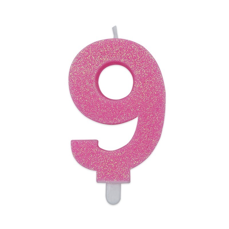Candela a forma di numero 9 in cera rosa con glitter 7,5 cm 73739