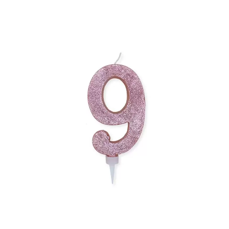 Candela a forma di numero 9 in cera rosa gold con glitter 15 cm 74369