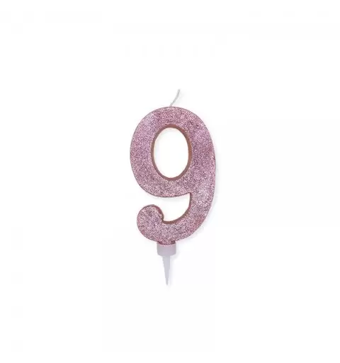 Candela a forma di numero 9 in cera rosa gold con glitter 15 cm 74369