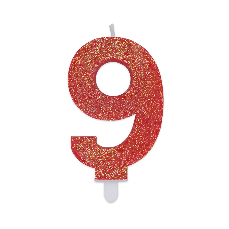 Candela a forma di numero 9 in cera Sweety Rosso Glitter 7,5cm - 73759