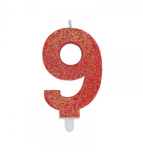 Candela a forma di numero 9 in cera Sweety Rosso Glitter 7,5cm - 73759