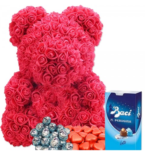 Orso di rose con cioccolatini a cuore e Baci Perugina San Valentino