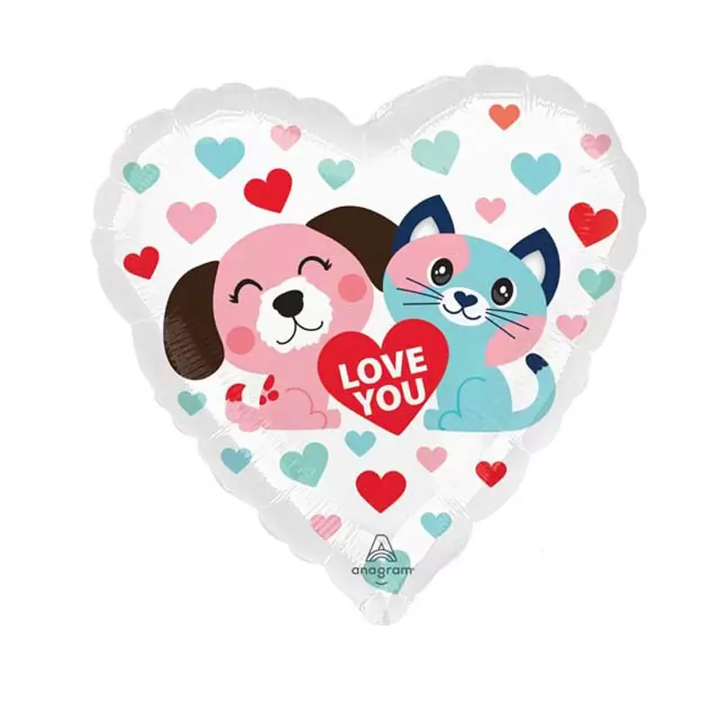 Palloncino a cuore pet love con cane, gatto e cuoricini 4226301 17\'\' 43 cm
