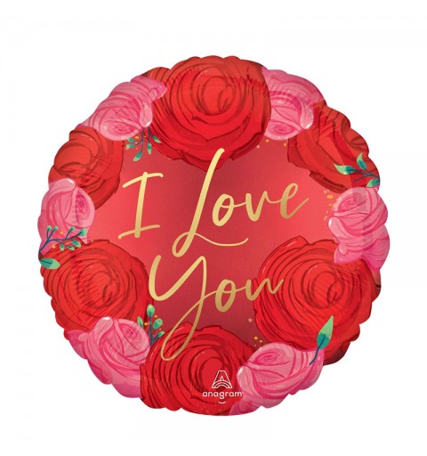 Palloncino Foil tondo 18 \'\' 45 cm rosso con rose e scritta oro i love you 4226401