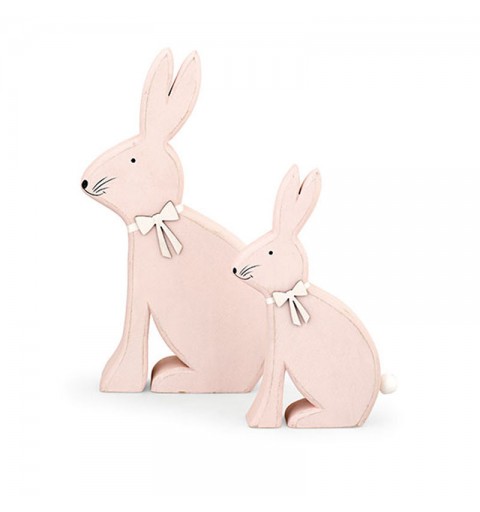 Set 2 conigli con fiocco decorativi in legno 26503  h 24 / 33,5 cm