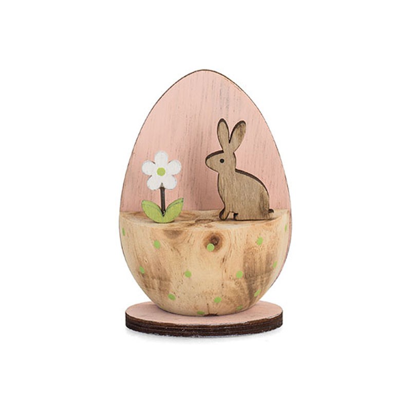 Uovo rosa in legno decorativo con coniglio e fiore 25219 11 cm