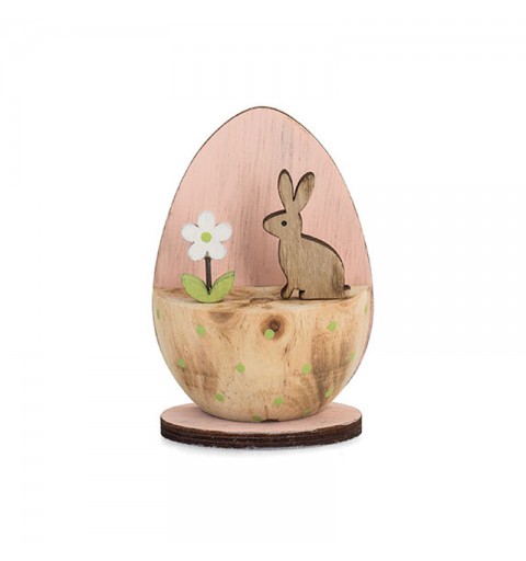 Uovo rosa in legno decorativo con coniglio e fiore 25219 11 cm