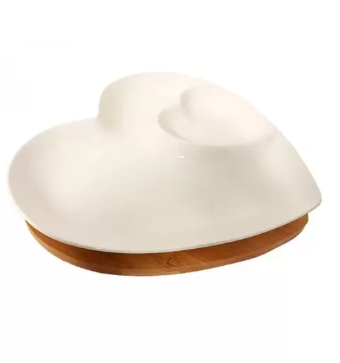 Antipastiera vetrochina a forma di cuore con base in bamboo  P19-328