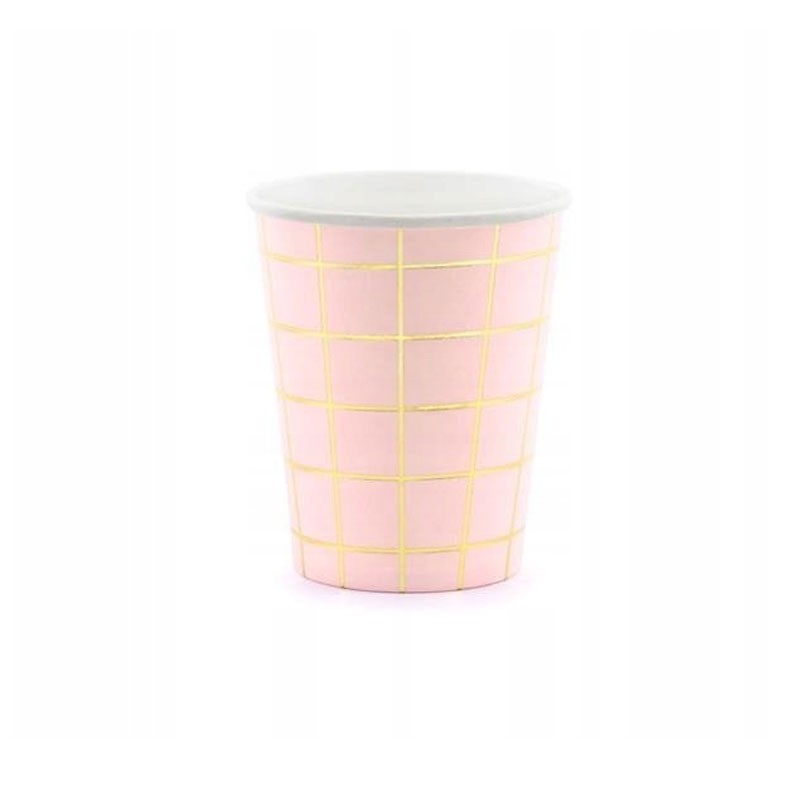 bicchieri di carta rosa chiaro con motivo a griglia metallica dorata KPP45-081J