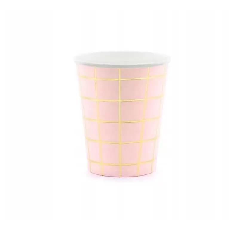 bicchieri di carta rosa chiaro con motivo a griglia metallica dorata KPP45-081J