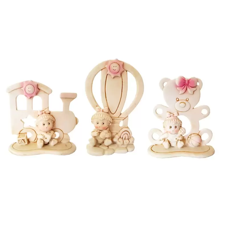 Soggetti per bomboniera in modelli assortiti rosa trenino , orsetto e mongolfiera con bebè 9918030P 8 cm  8 pz.