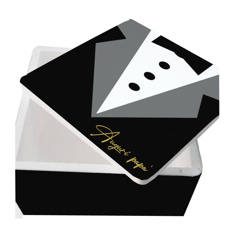 scatola polistirolo quadrata colore nero con grafica vestito e scritta auguri papà 30 x 30 x 17,5h cm