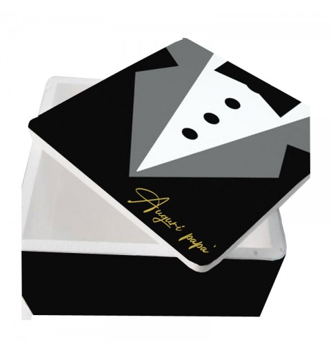 scatola polistirolo quadrata colore nero con grafica vestito e scritta auguri papà 30 x 30 x 17,5h cm