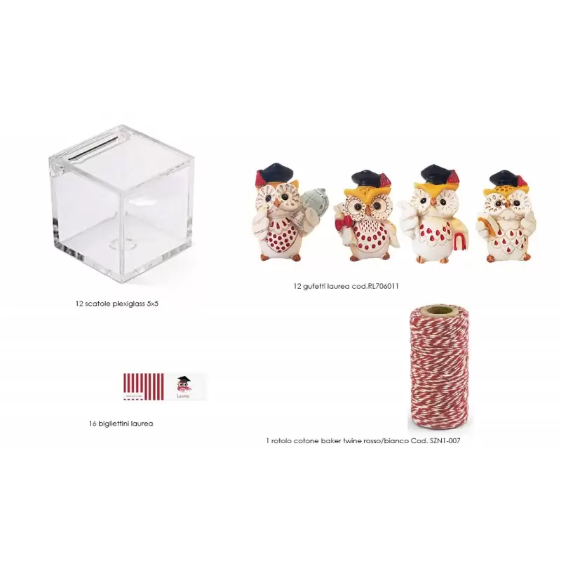 16 BOMBONIERE LAUREA GUFETTI CON SCATOLINE PLEXIGLASS