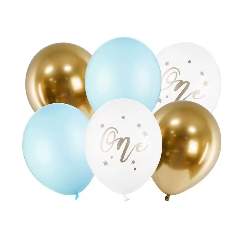 set 6 Palloncini 30 cm one primo compleanno azzurro bianco oro SB14P-307-001J-6