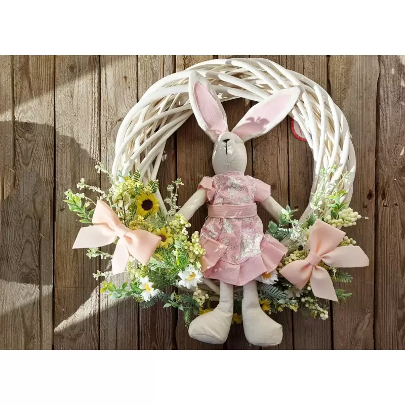 GHIRLANDA PASQUALE BIANCA INTRECCIATA CON CONIGLIETTA ROSA
