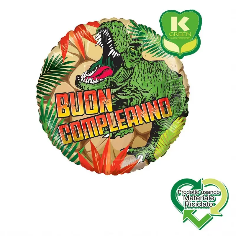 Pallone foil Buon Compleanno T-Rex Tondo K-Green 18 996028-01