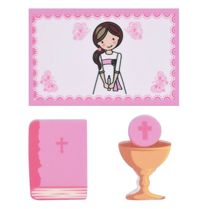 kit decorazioni in zucchero biglietto comunicanda rosa + 2 sagome 27008B cm 8,5 x 5 / 4 cm