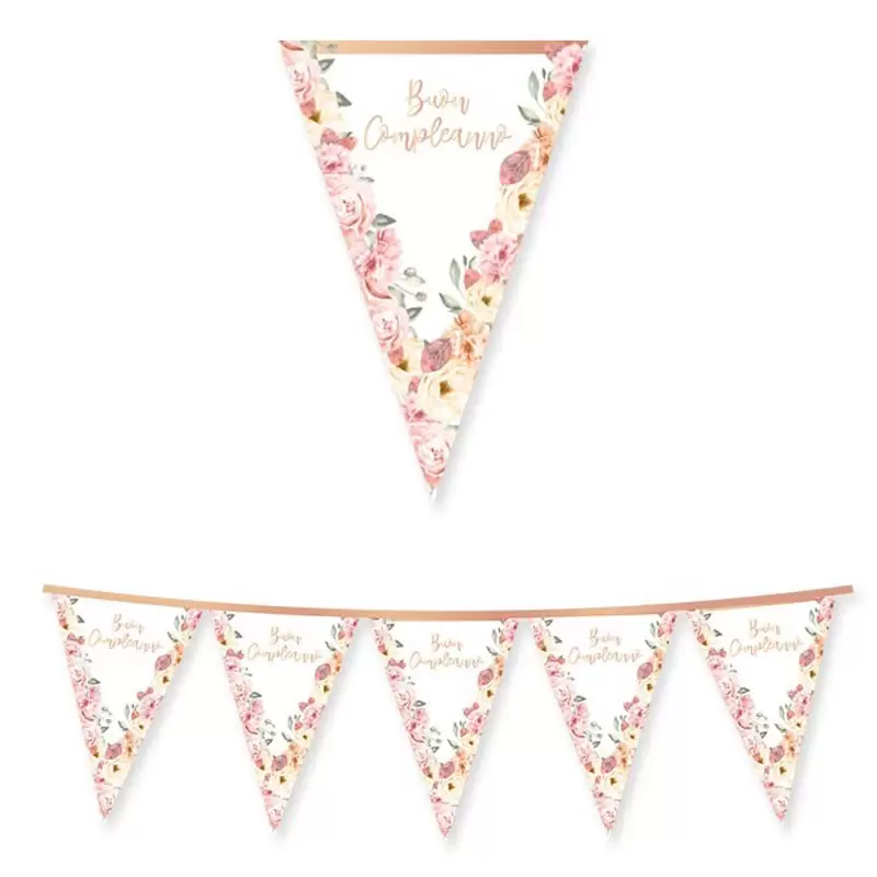 Festone Bandierine in cartoncino 300 x 30 cm Buon Compleanno Rose Gold 74486
