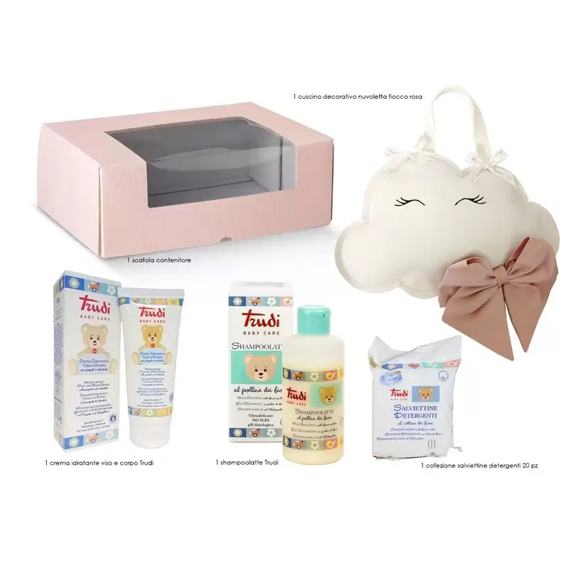 CONFEZIONE REGALO NASCITA CON FIOCCO NUVOLETTA ROSA