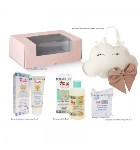 CONFEZIONE REGALO NASCITA CON FIOCCO NUVOLETTA ROSA
