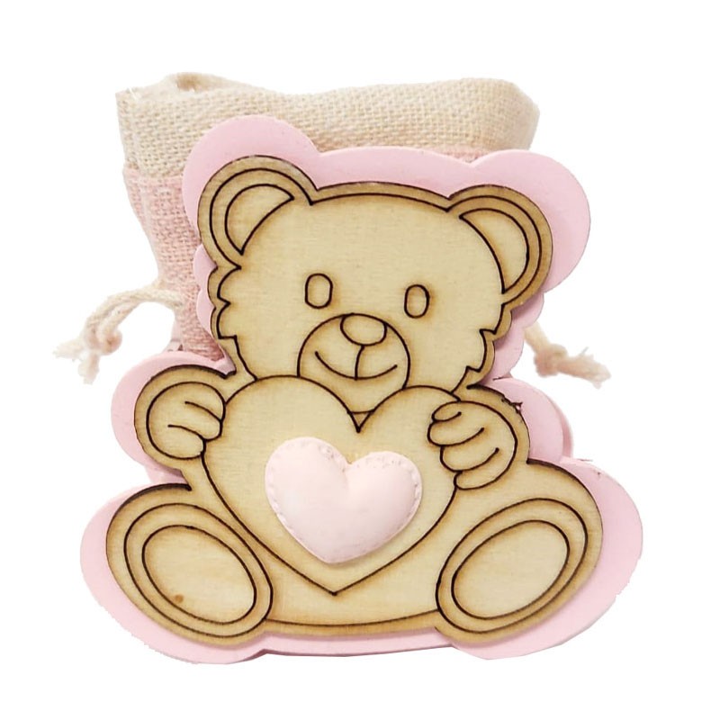 scatolina orsetto rosa in legno con cuore A2589-3 6 pz.