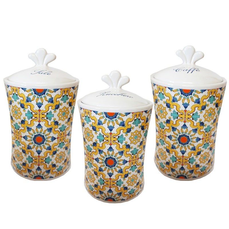 tris barattoli zucchero caffè sale in ceramica decorazione maioliche ravello 82067