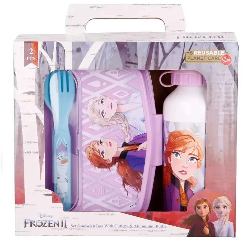 set 4 pz. Bottiglia in Alluminio da 400 ml vaschetta Posate Frozen II 51063