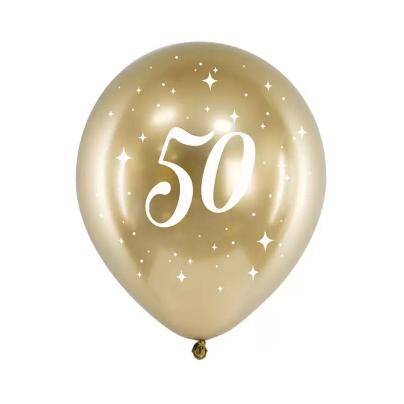 Palloncini lucidi oro stampa bianca 50 anni 30 cm 6 pz CHB14-1-50-019-6