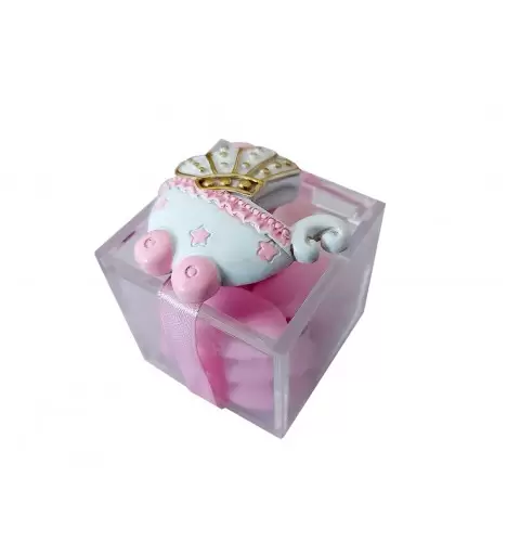 12 BOMBONIERE CARROZZINE ROSA CON SCATOLINE PLEXIGLASS