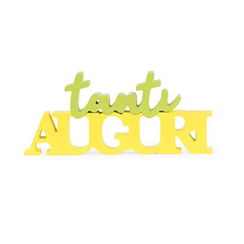 Scritta in legno tanti auguri giallo verde 355 x 155 mm 27677