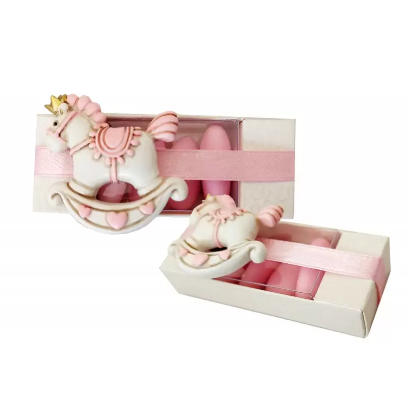 12 BOMBONIERE CAVALLUCCIO DONDOLO REALE ROSA CON ASTUCCI