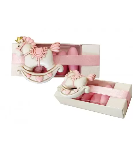 12 BOMBONIERE CAVALLUCCIO DONDOLO REALE ROSA CON ASTUCCI