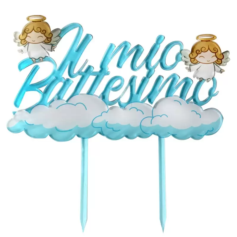 Topper in plexiglass 17,8x18,4 cm battesimo angioletti celeste 2126