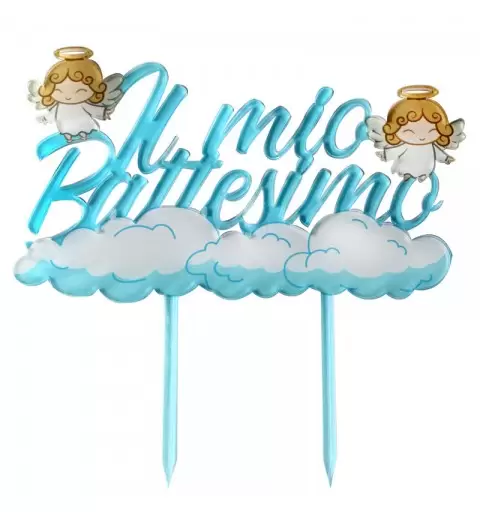 Topper in plexiglass 17,8x18,4 cm battesimo angioletti celeste 2126