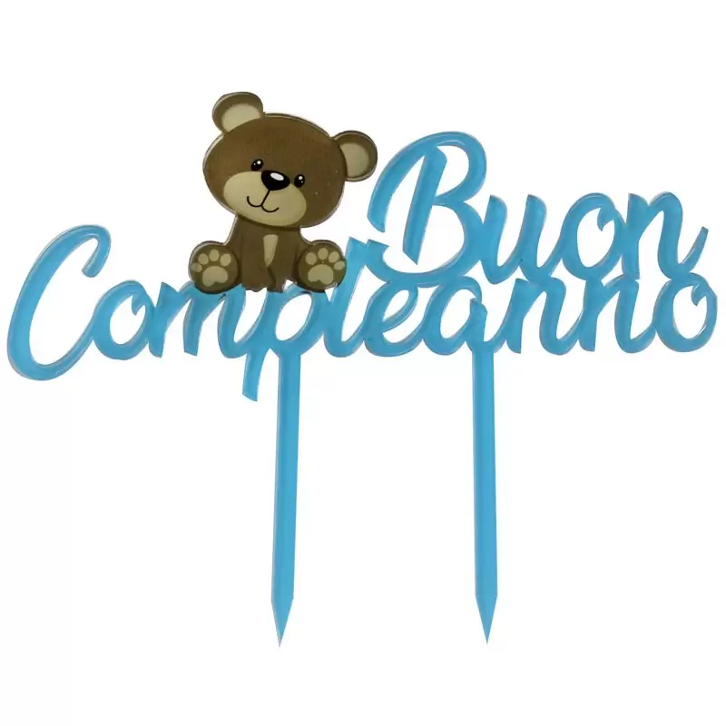 Topper in plexiglass cm 19x16,5 buon compleanno orsetto celeste 2124