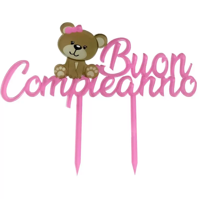 Topper in plexiglass cm 19x16,5 buon compleanno orsetto rosa 2125